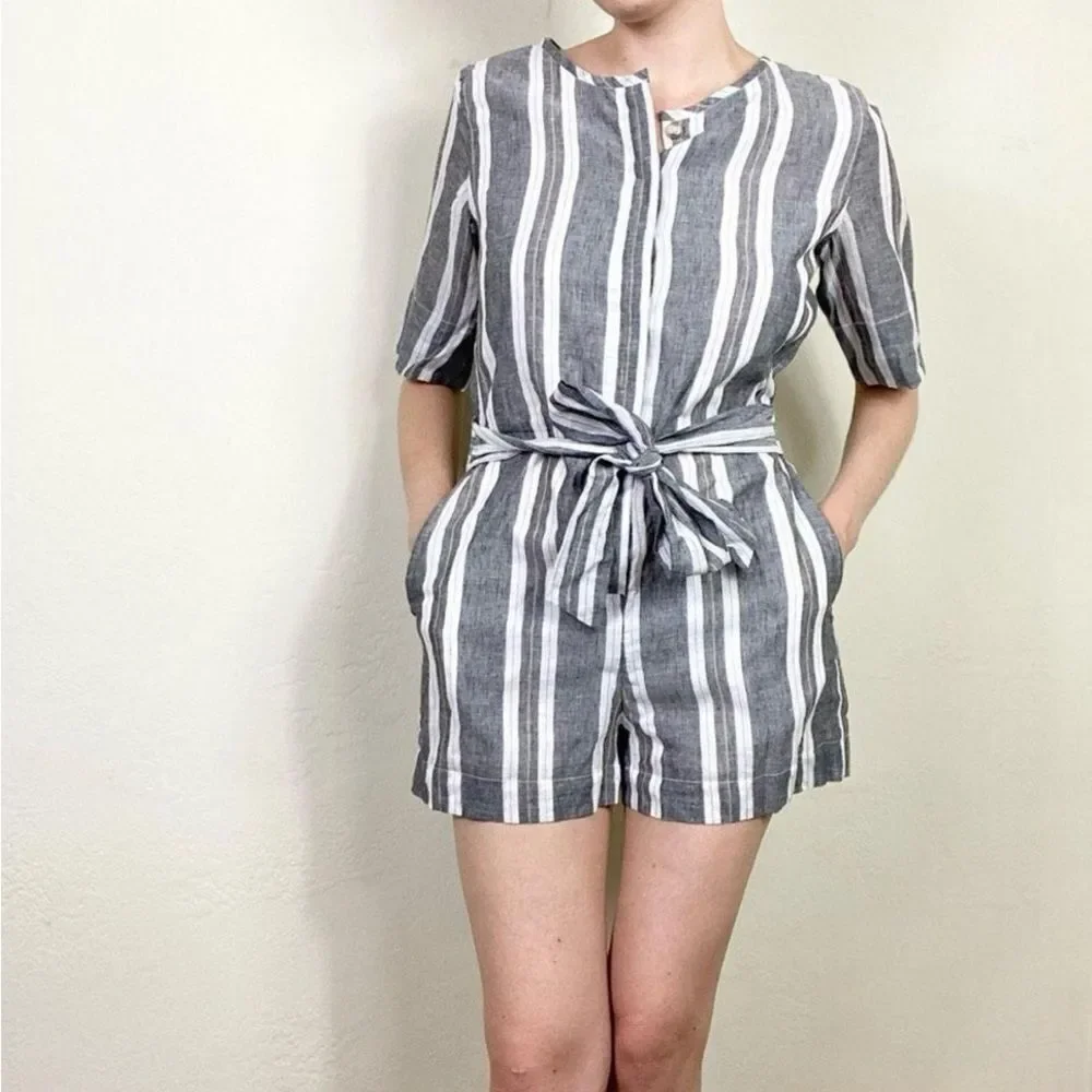 NWT Banana Republic Cotton-Linen Romper Womens Size 0 Blue White Nautical Stripe
